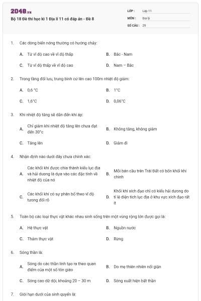 Bộ 18 Đề thi học kì 1 Địa lí 11 có đáp án - Đề 8