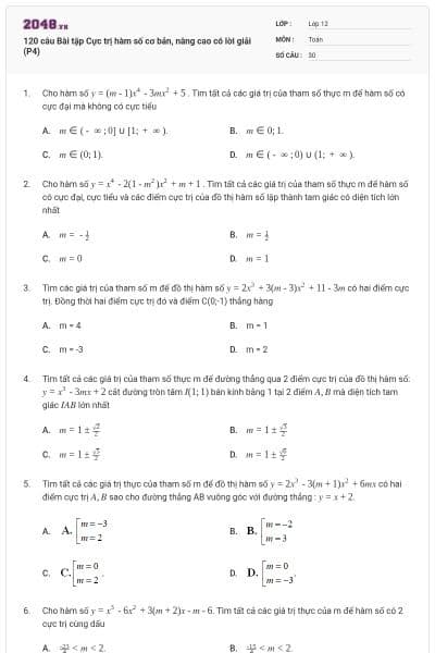 120 câu Bài tập Cực trị hàm số cơ bản, nâng cao có lời giải (P4)