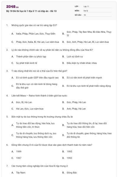 Bộ 18 Đề thi học kì 1 Địa lí 11 có đáp án - Đề 10