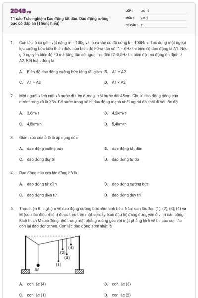 11 câu Trắc nghiệm Dao động tắt dần. Dao động cưỡng bức có đáp án (Thông hiểu)