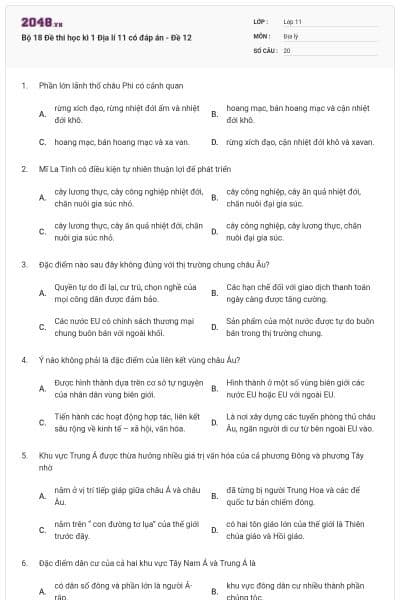 Bộ 18 Đề thi học kì 1 Địa lí 11 có đáp án - Đề 12