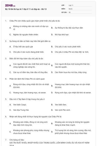 Bộ 18 Đề thi học kì 1 Địa lí 11 có đáp án - Đề 13