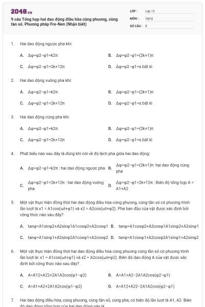 9 câu Tổng hợp hai dao động điều hòa cùng phương, cùng tần số. Phương pháp Fre-Nen (Nhận biết)
