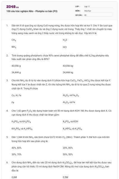 100 câu trắc nghiệm Nito - Photpho cơ bản (P3)