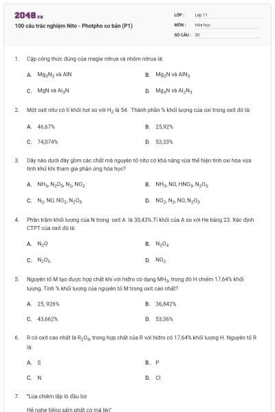 100 câu trắc nghiệm Nito - Photpho cơ bản (P1)
