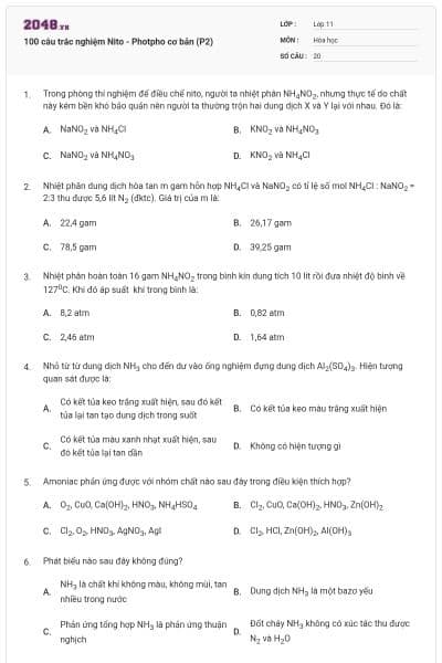100 câu trắc nghiệm Nito - Photpho cơ bản (P2)