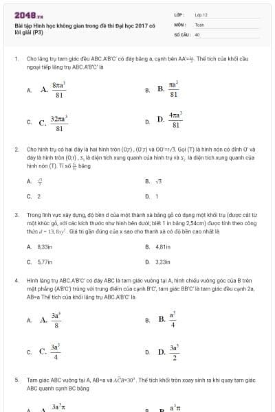 Bài tập Hình học không gian trong đề thi Đại học 2017 có lời giải (P3)