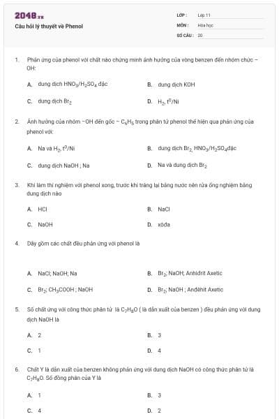 Câu hỏi lý thuyết về Phenol