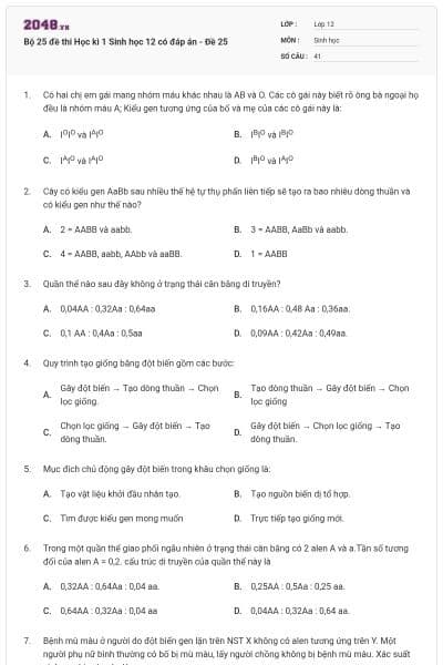 Bộ 25 đề thi Học kì 1 Sinh học 12 có đáp án - Đề 25