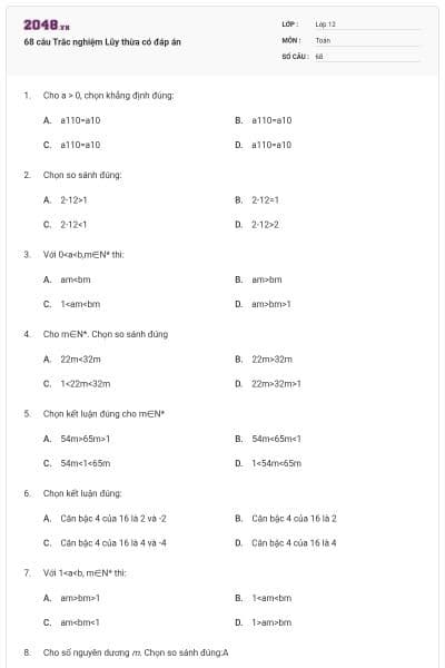 68 câu Trắc nghiệm Lũy thừa có đáp án