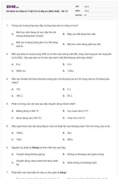 Đề kiểm tra Giữa kì 2 Vật lí 8 có đáp án (Mới nhất) - Đề 12
