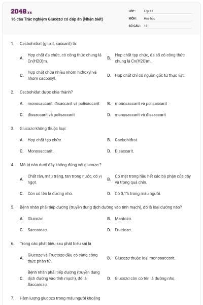 16 câu Trắc nghiệm Glucozơ có đáp án (Nhận biết)