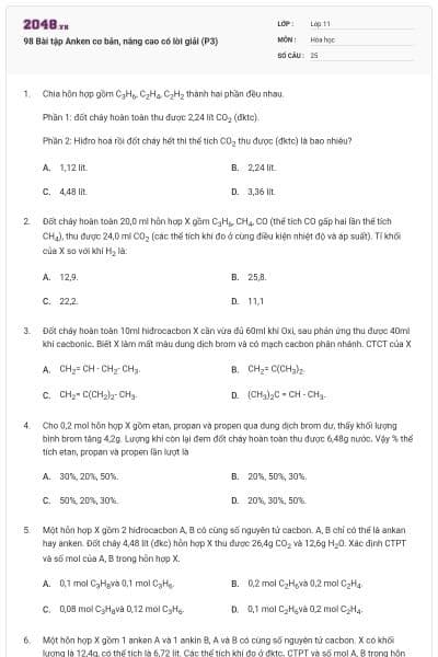 98 Bài tập Anken cơ bản, nâng cao có lời giải (P3)