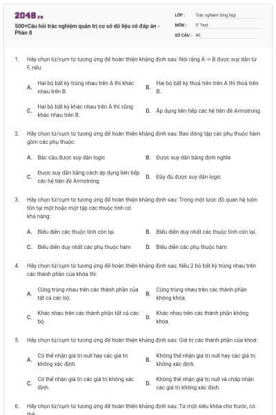 500+Câu hỏi trắc nghiệm quản trị cơ sở dữ liệu có đáp án - Phần 8