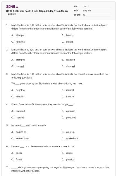 Bộ 30  Đề thi giữa học kì 2 môn Tiếng Anh lớp 11 có đáp án - Đề số 4