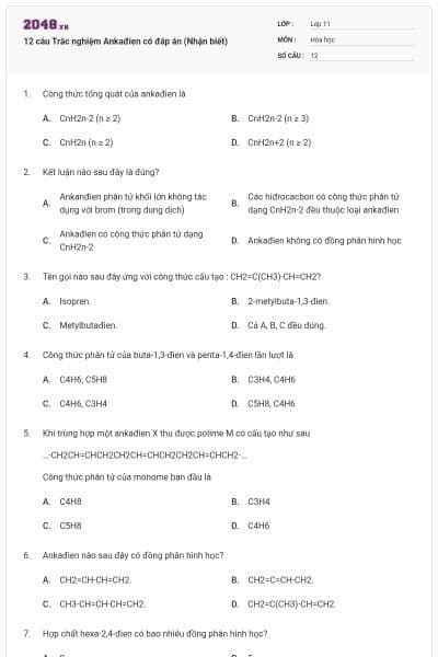 12 câu Trắc nghiệm Ankađien có đáp án (Nhận biết)