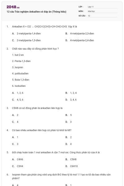 12 câu Trắc nghiệm Ankađien có đáp án (Thông hiểu)