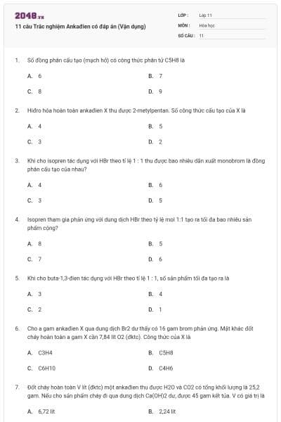 11 câu  Trắc nghiệm Ankađien có đáp án (Vận dụng)
