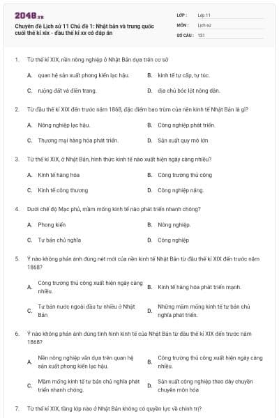 Chuyên đề Lịch sử 11 Chủ đề 1: Nhật bản và trung quốc cuối thế kỉ xix - đầu thế kỉ xx có đáp án