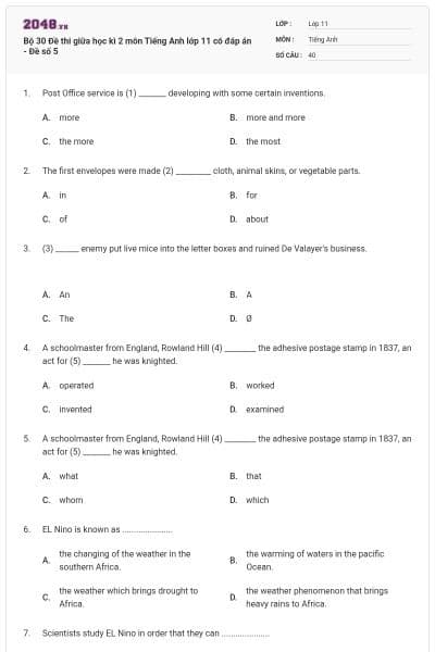 Bộ 30  Đề thi giữa học kì 2 môn Tiếng Anh lớp 11 có đáp án - Đề số 5