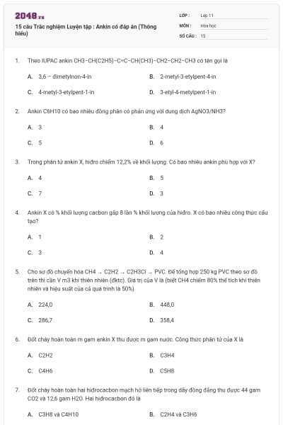 15 câu Trắc nghiệm Luyện tập : Ankin có đáp án (Thông hiểu)