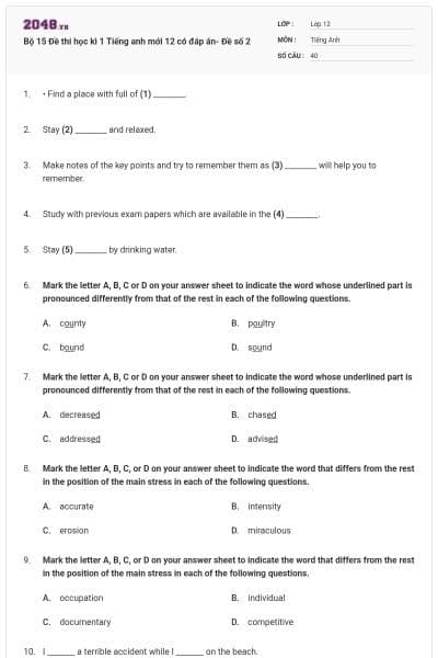 Bộ 15 Đề thi học kì 1 Tiếng anh mới 12 có đáp án- Đề số 2