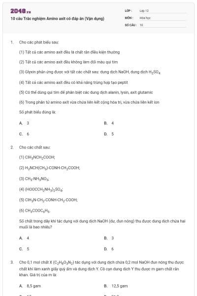 10 câu Trắc nghiệm Amino axit có đáp án (Vận dụng)