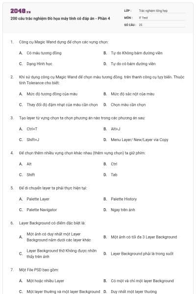 200 câu trắc nghiệm Đồ họa máy tính có đáp án - Phần 4