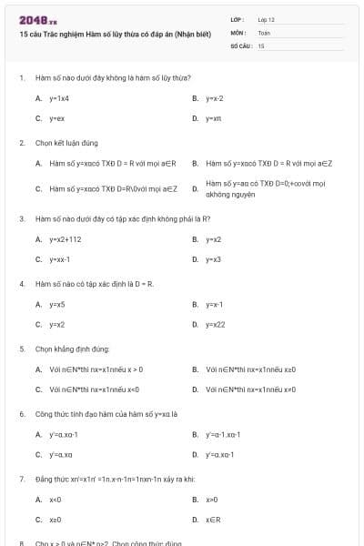 15 câu  Trắc nghiệm Hàm số lũy thừa có đáp án (Nhận biết)