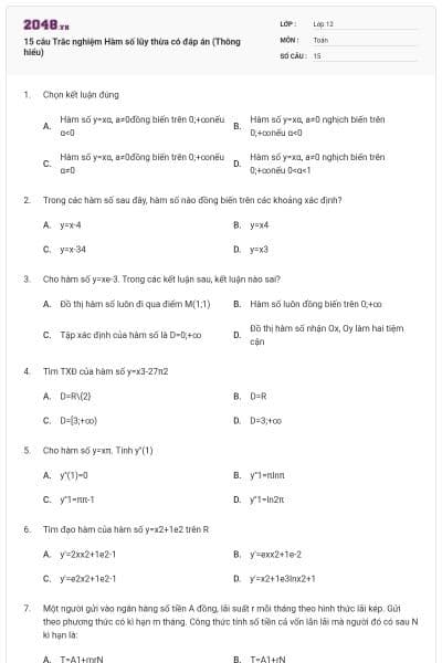15 câu Trắc nghiệm Hàm số lũy thừa có đáp án (Thông hiểu)