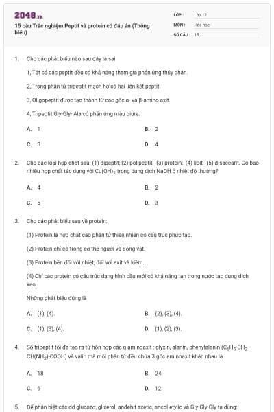 15 câu Trắc nghiệm Peptit và protein có đáp án (Thông hiểu)