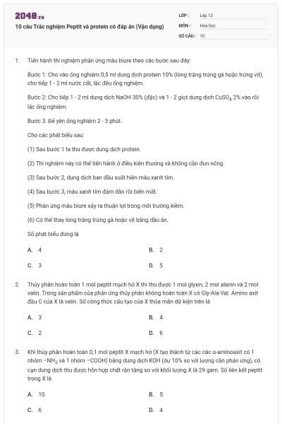 10 câu Trắc nghiệm Peptit và protein có đáp án (Vận dụng)