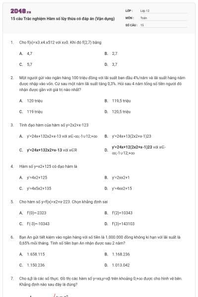 15 câu Trắc nghiệm Hàm số lũy thừa có đáp án (Vận dụng)