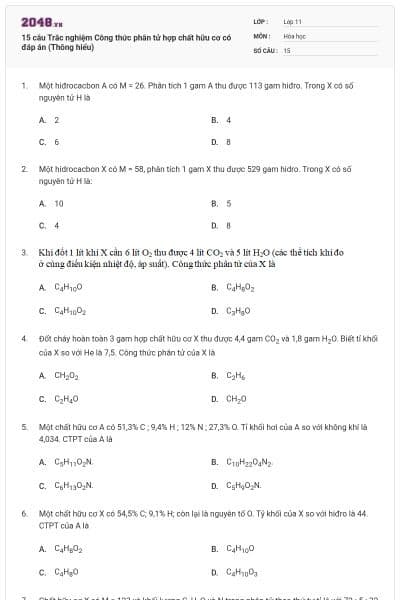 15 câu Trắc nghiệm Công thức phân tử hợp chất hữu cơ có đáp án (Thông hiểu)