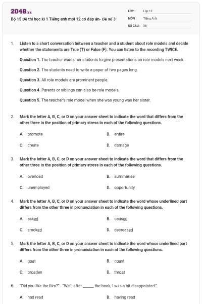 Bộ 15 Đề thi học kì 1 Tiếng anh mới 12 có đáp án- Đề số 3
