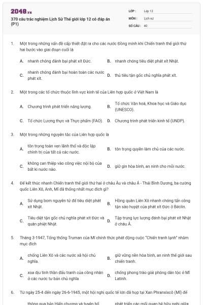370 câu trắc nghiệm Lịch Sử Thế giới lớp 12 có đáp án (P1)