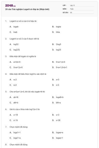 20 câu Trắc nghiệm Logarit có đáp án (Nhận biết)