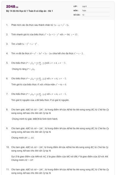 Bộ 14 đề thi Học kì 1 Toán 8 có đáp án - Đề 1