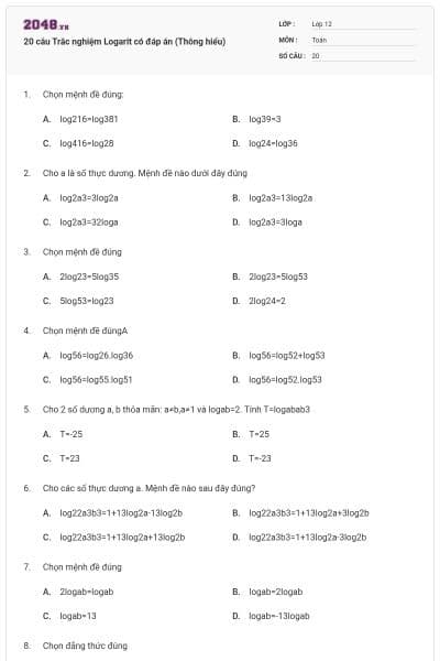 20 câu  Trắc nghiệm Logarit có đáp án (Thông hiểu)