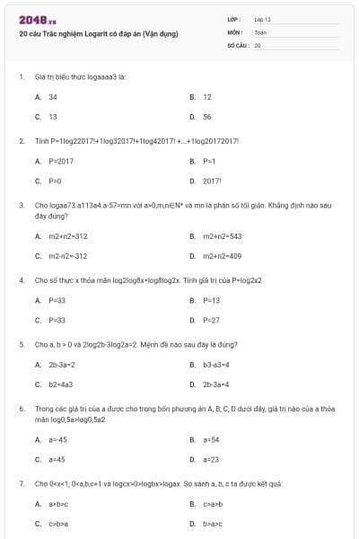 20 câu Trắc nghiệm Logarit có đáp án (Vận dụng)