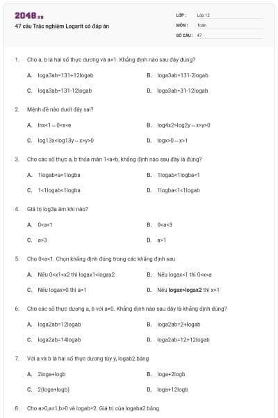 47 câu Trắc nghiệm Logarit có đáp án