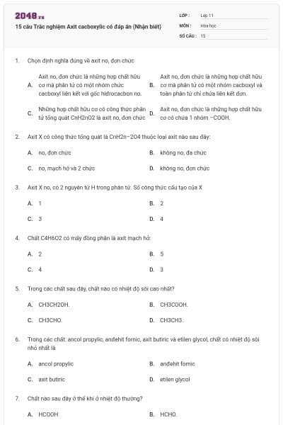 15 câu Trắc nghiệm Axit cacboxylic có đáp án (Nhận biết)