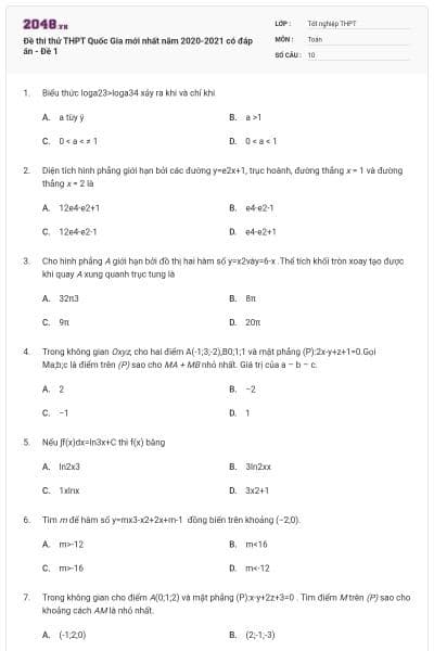 Đề thi thử THPT Quốc Gia mới nhất năm 2020-2021 có đáp án - Đề 1