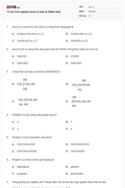 15 câu Trắc nghiệm Ancol có đáp án (Nhận biết)
