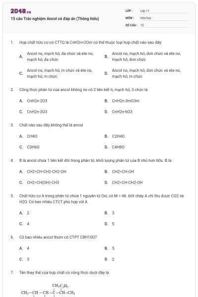 15 câu Trắc nghiệm Ancol có đáp án (Thông hiểu)