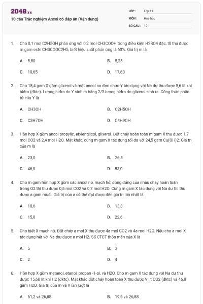 10 câu Trắc nghiệm Ancol có đáp án (Vận dụng)