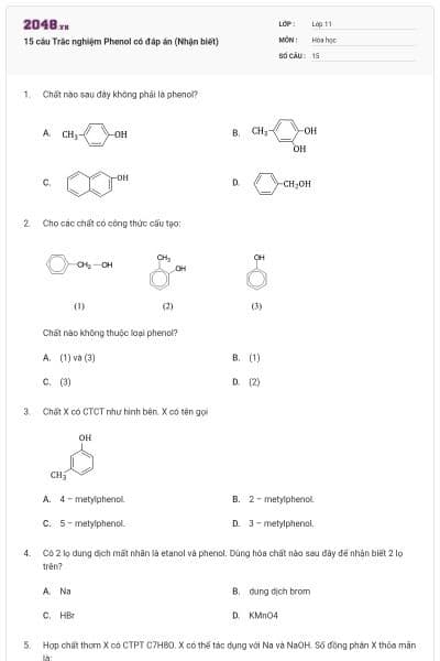 15 câu Trắc nghiệm Phenol có đáp án (Nhận biết)