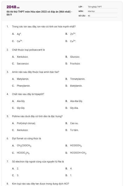 Đề thi thử THPT môn Hóa năm 2022 có đáp án (Mới nhất) - Đề 9