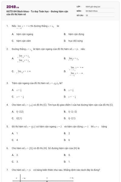 ĐGTD ĐH Bách khoa - Tư duy Toán học - Đường tiệm cận của đồ thị hàm số