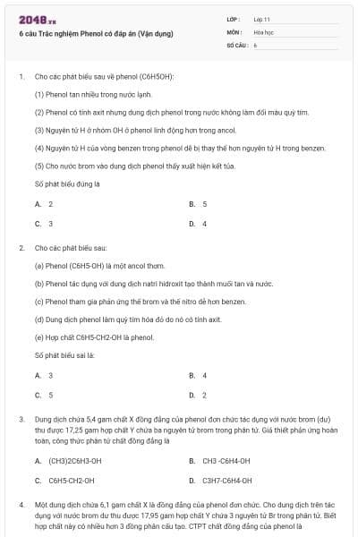 6 câu Trắc nghiệm Phenol có đáp án (Vận dụng)